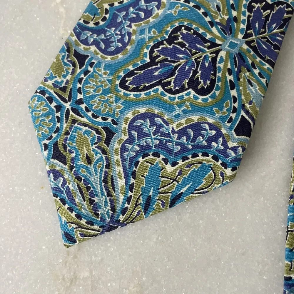 Liberty Of London Floral Mens Tie Cotton 80s 90s Vintage Blue Paisley Leaf Fine